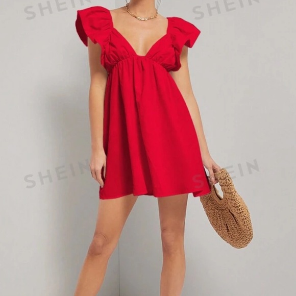 SHEIN Haute Solid Color Ruffle Hem Backless A-Line Dress With Bowknot On Back - Picture 3 of 5